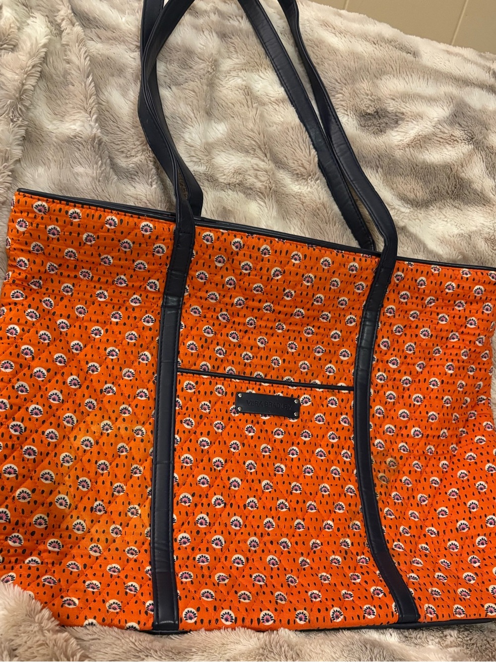 Vera Bradley Orange Printed Tote Bag with Navy Trim